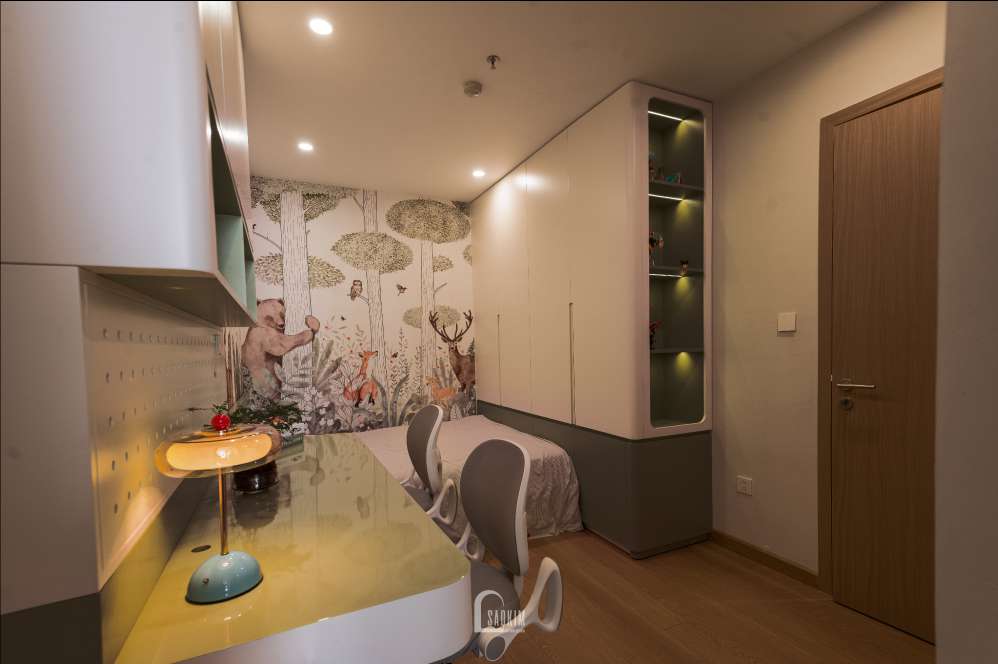 Không gian phòng ngủ bé tối giản trong thiết kế thi công nội thất chung cư phong cách Mid - Century Modern dự án The Charm An Hưng
